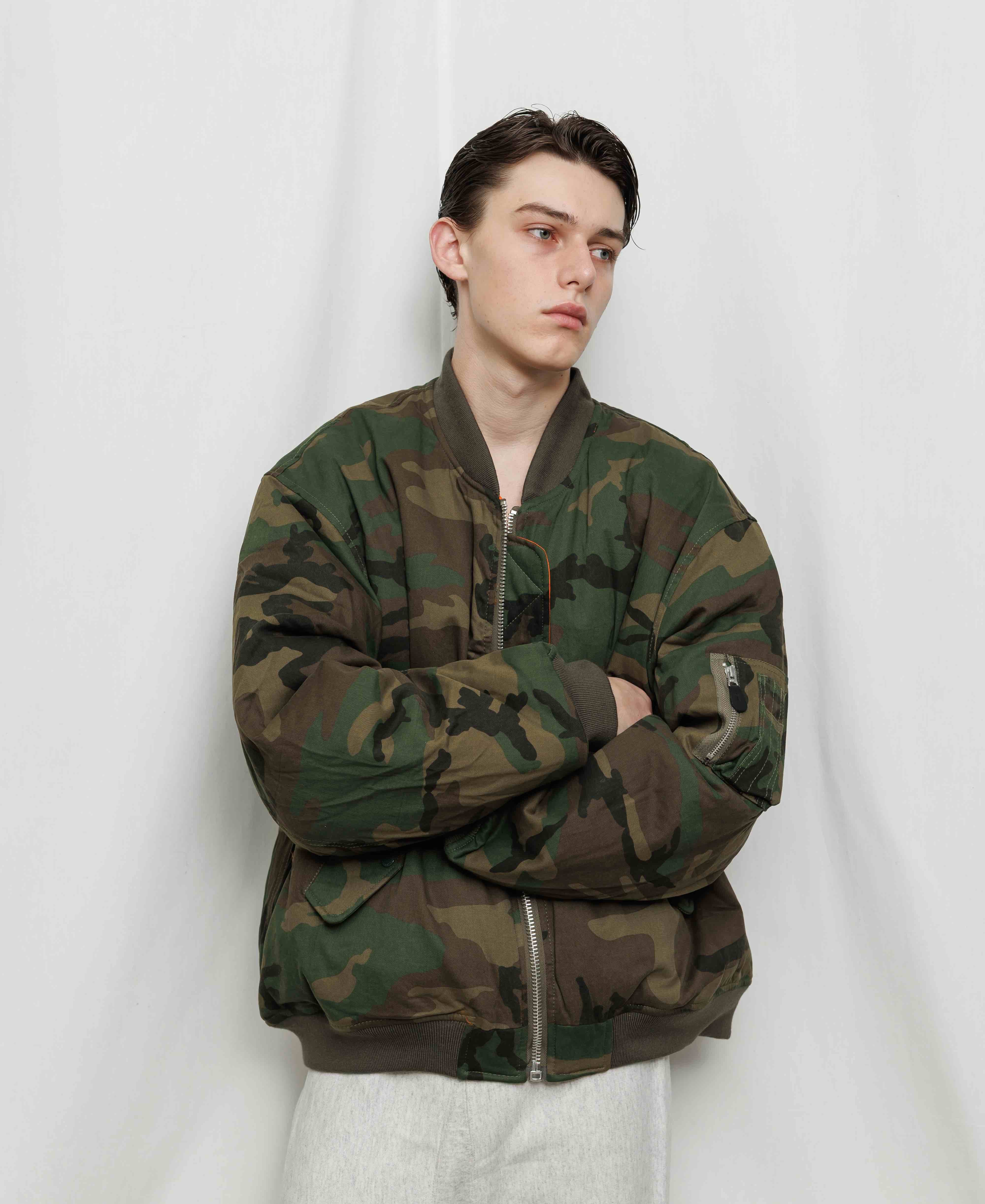 VINTAGE WASH CAMOUFLAGE DOUBLE FACE COTTON BOMBER JACKET - WC