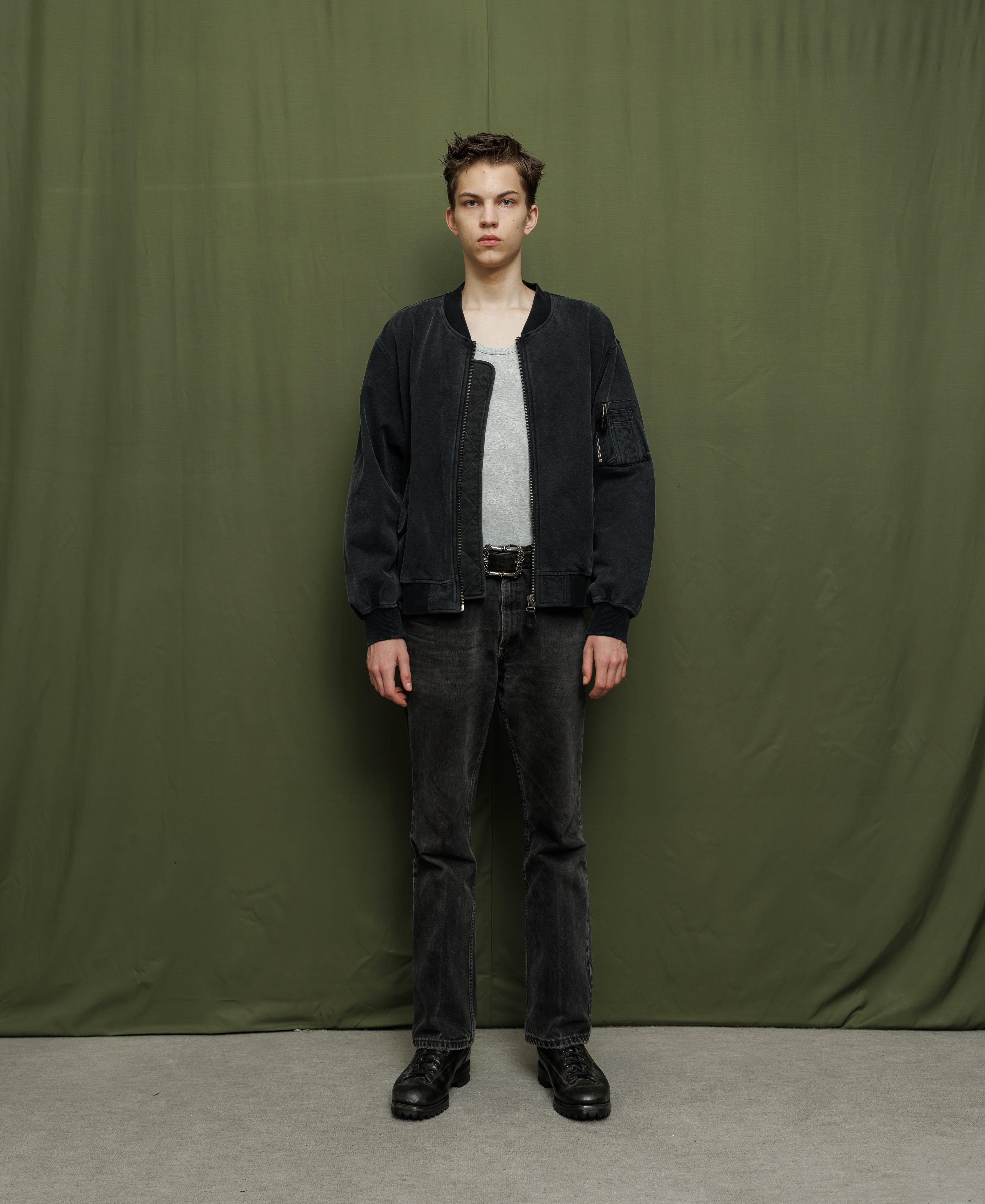 サンフェイドウォッシュ スウェットボンバージャケット - ブラック