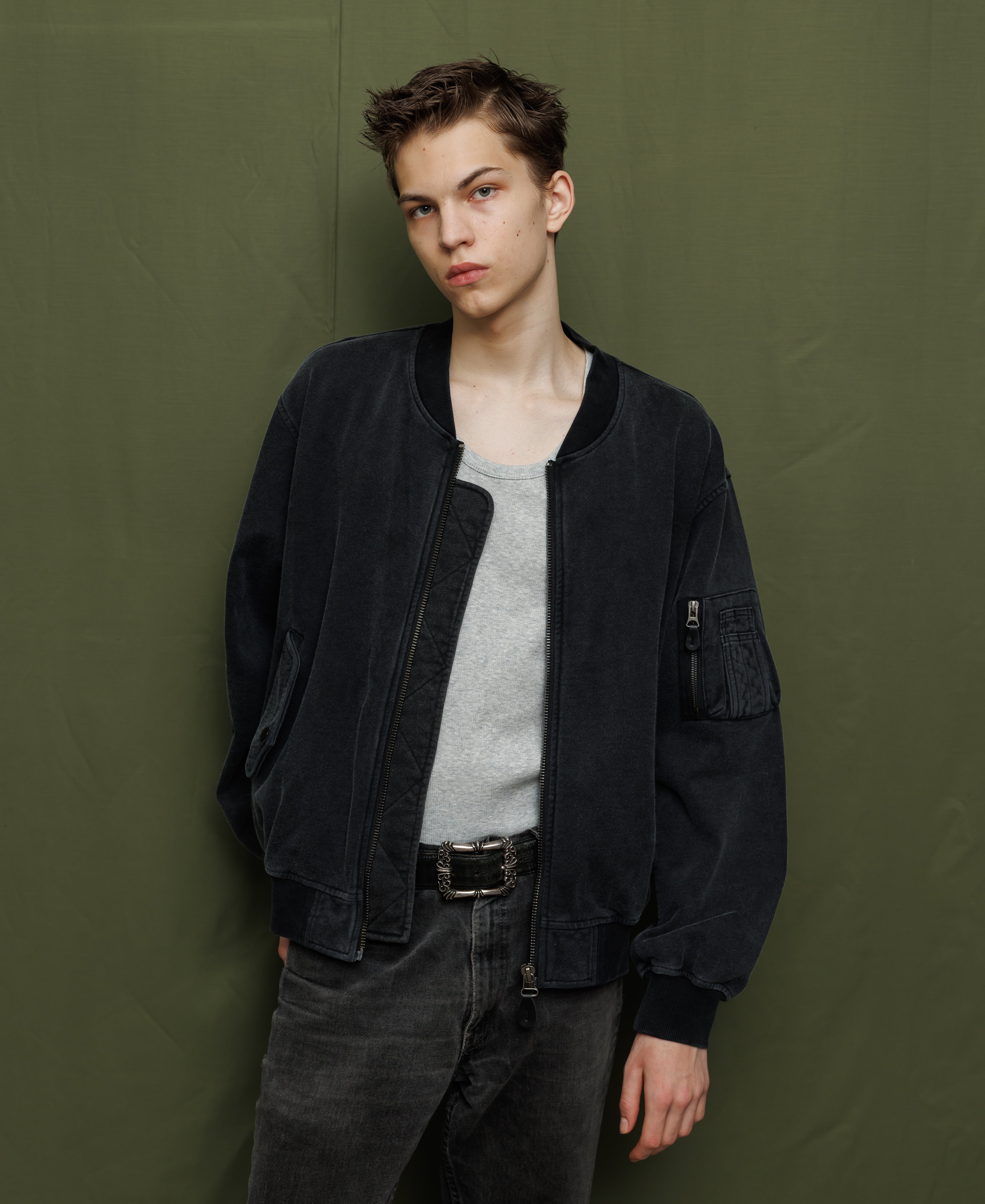 サンフェイドウォッシュ スウェットボンバージャケット - ブラック