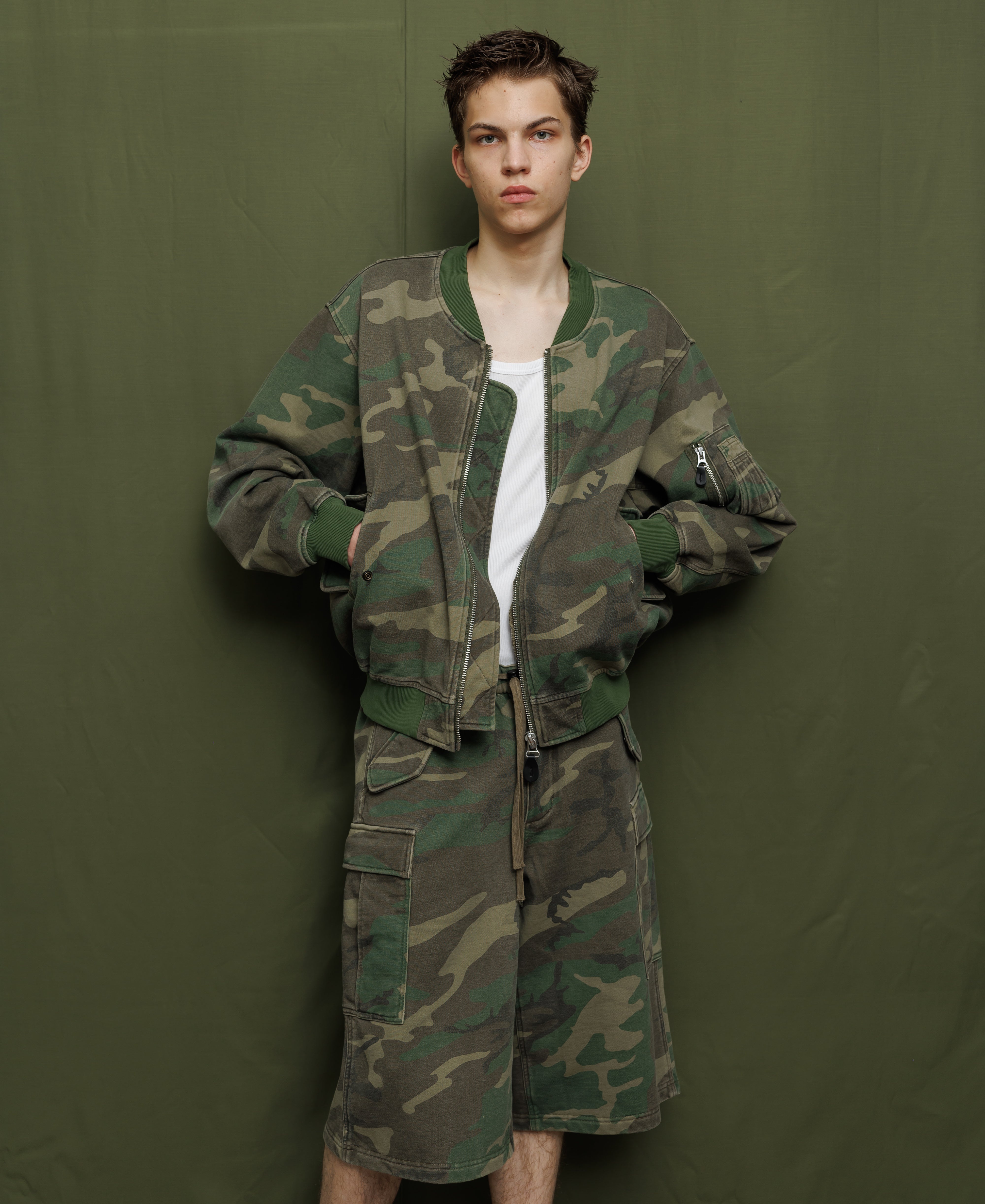 サンフェイドウォッシュ スウェットボンバージャケット - ウッドランドカモ