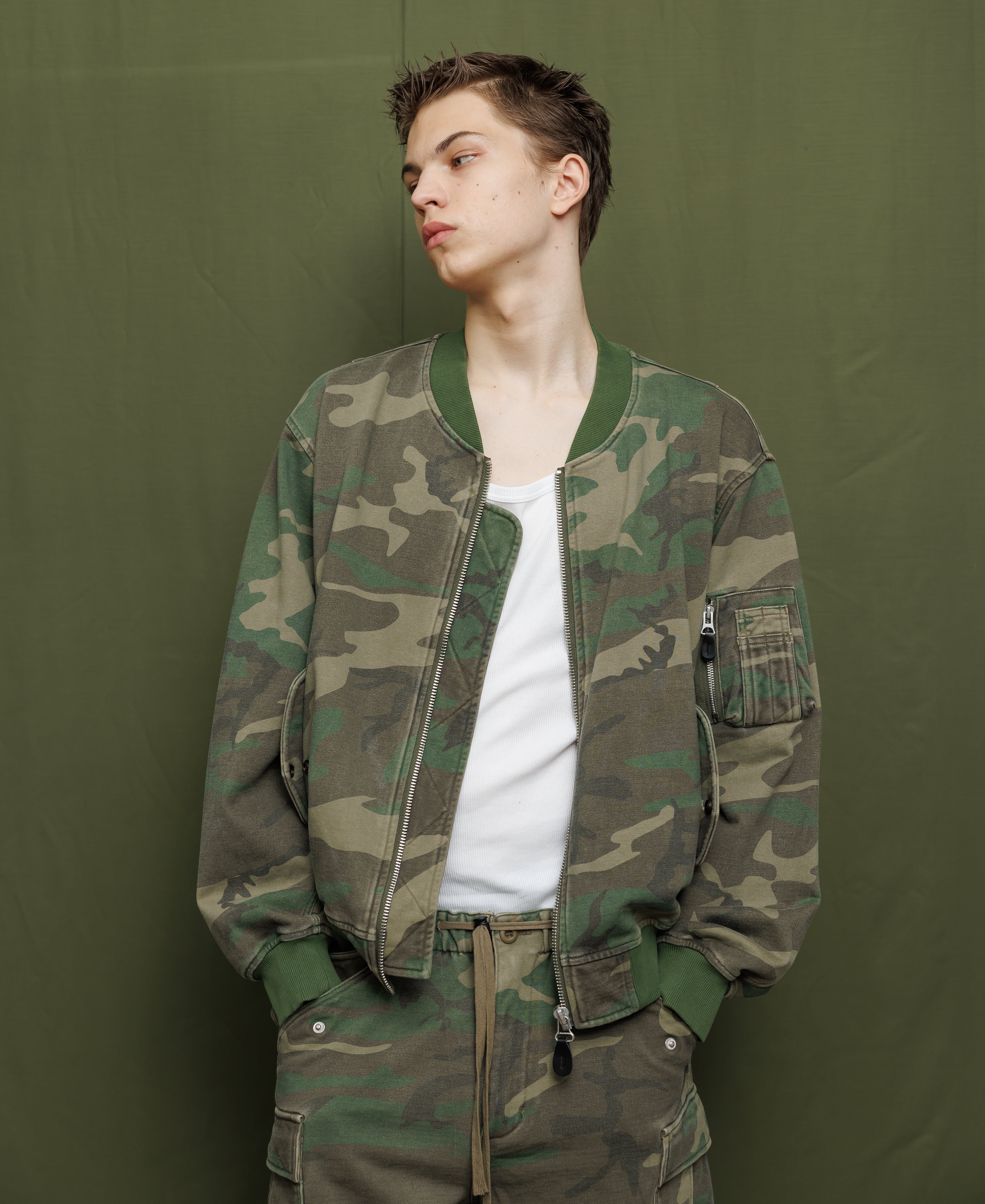 サンフェイドウォッシュ スウェットボンバージャケット - ウッドランドカモ
