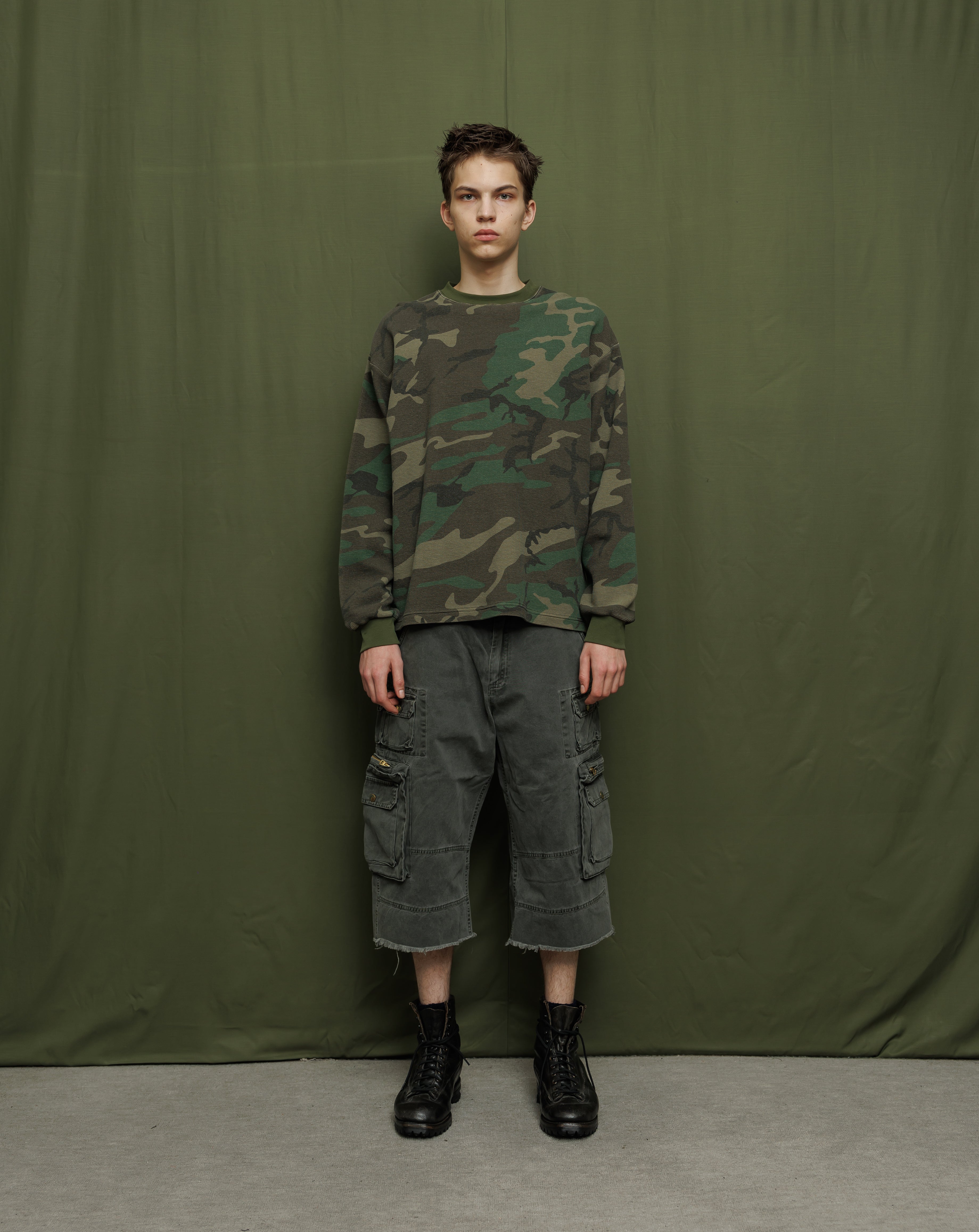 ヴィンテージウォッシュ ワッフルサーマルシャツ - ウッドランドカモ