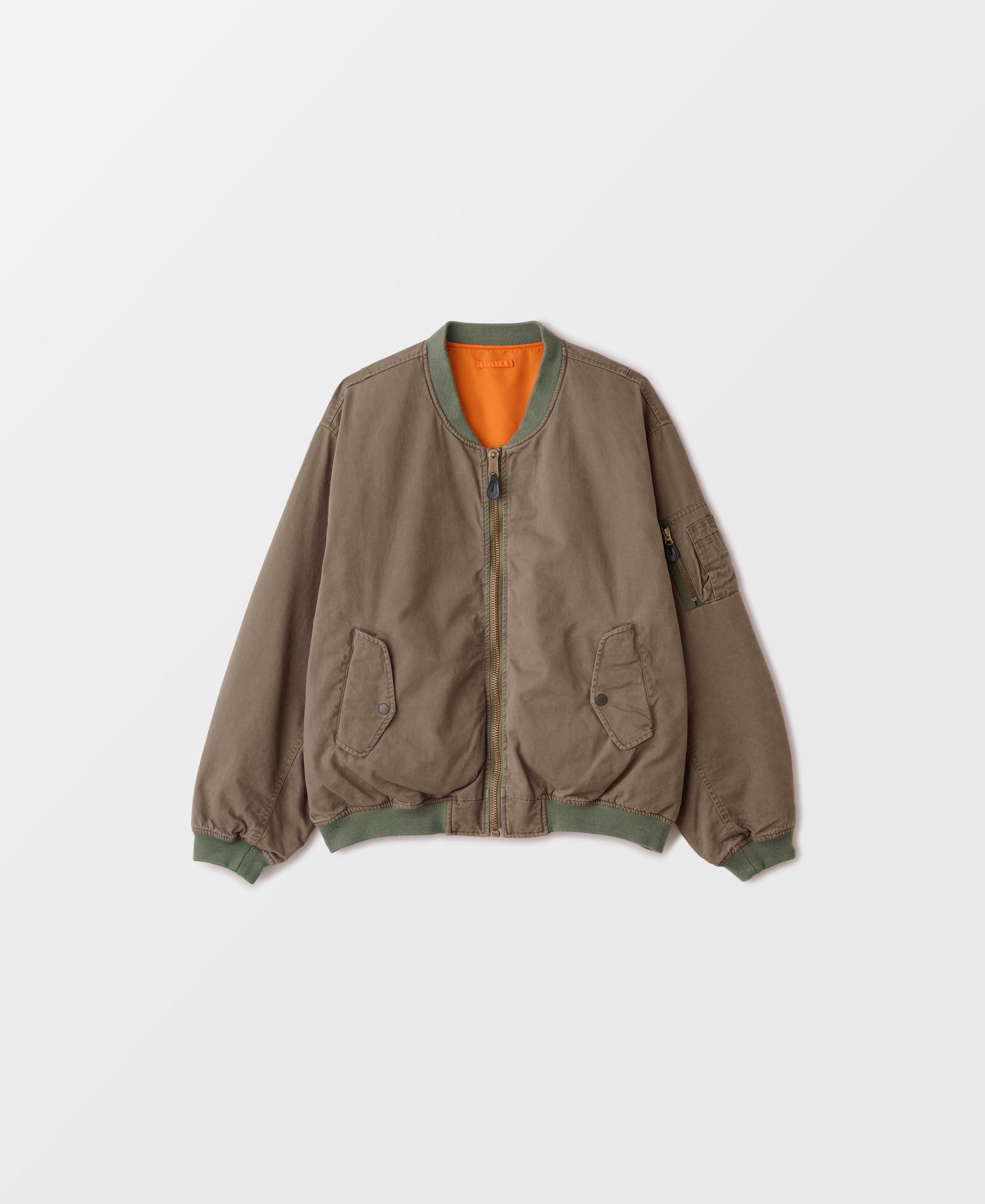 SUN FADED WASH DOUBLE FACE COTTON NON PADDED BOMBER JACKET - BRITISH KHAKI 2