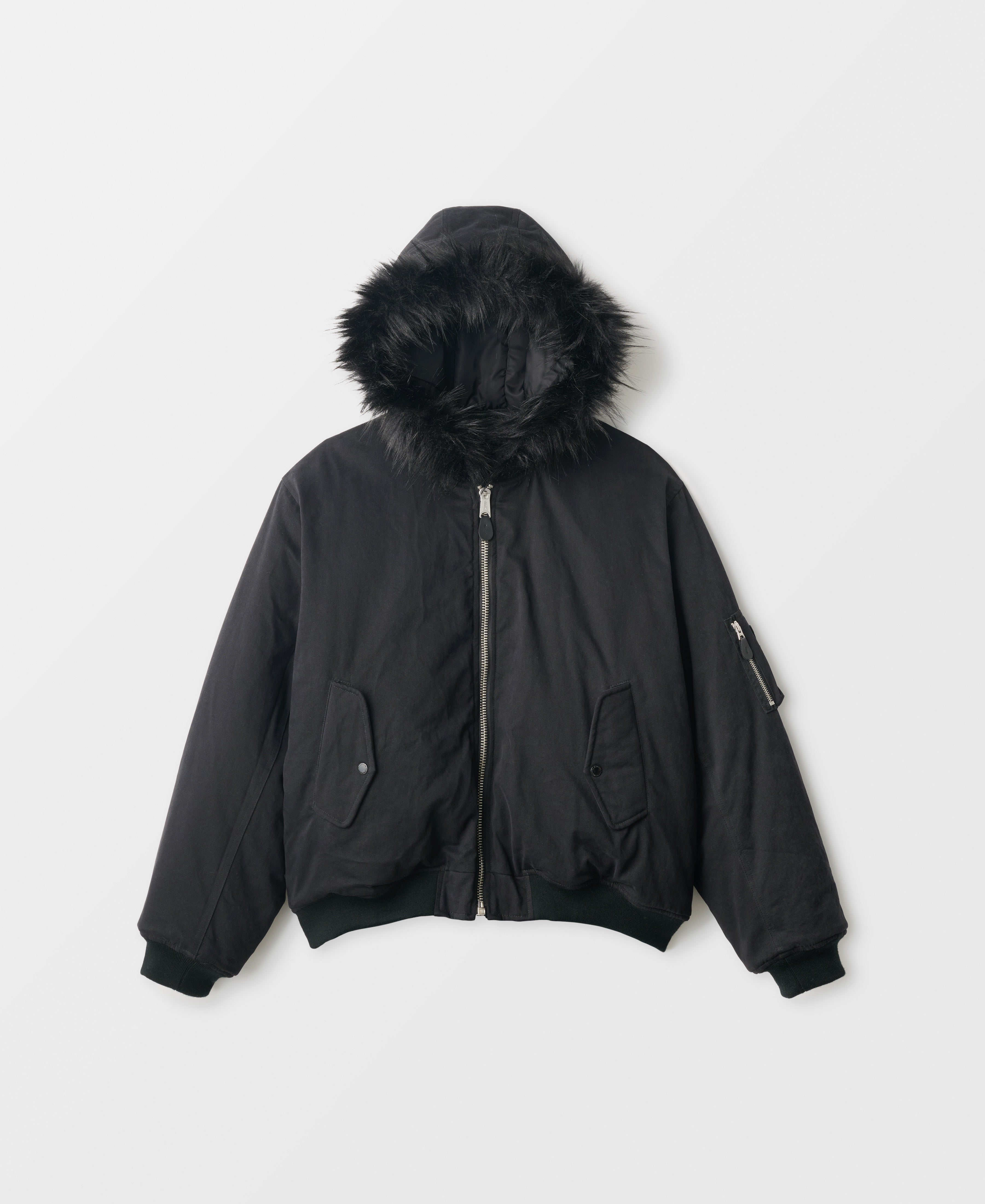 DETACHEBLE FUR TRIMED HOODED COTTON BOMBER JACKET - BLACK