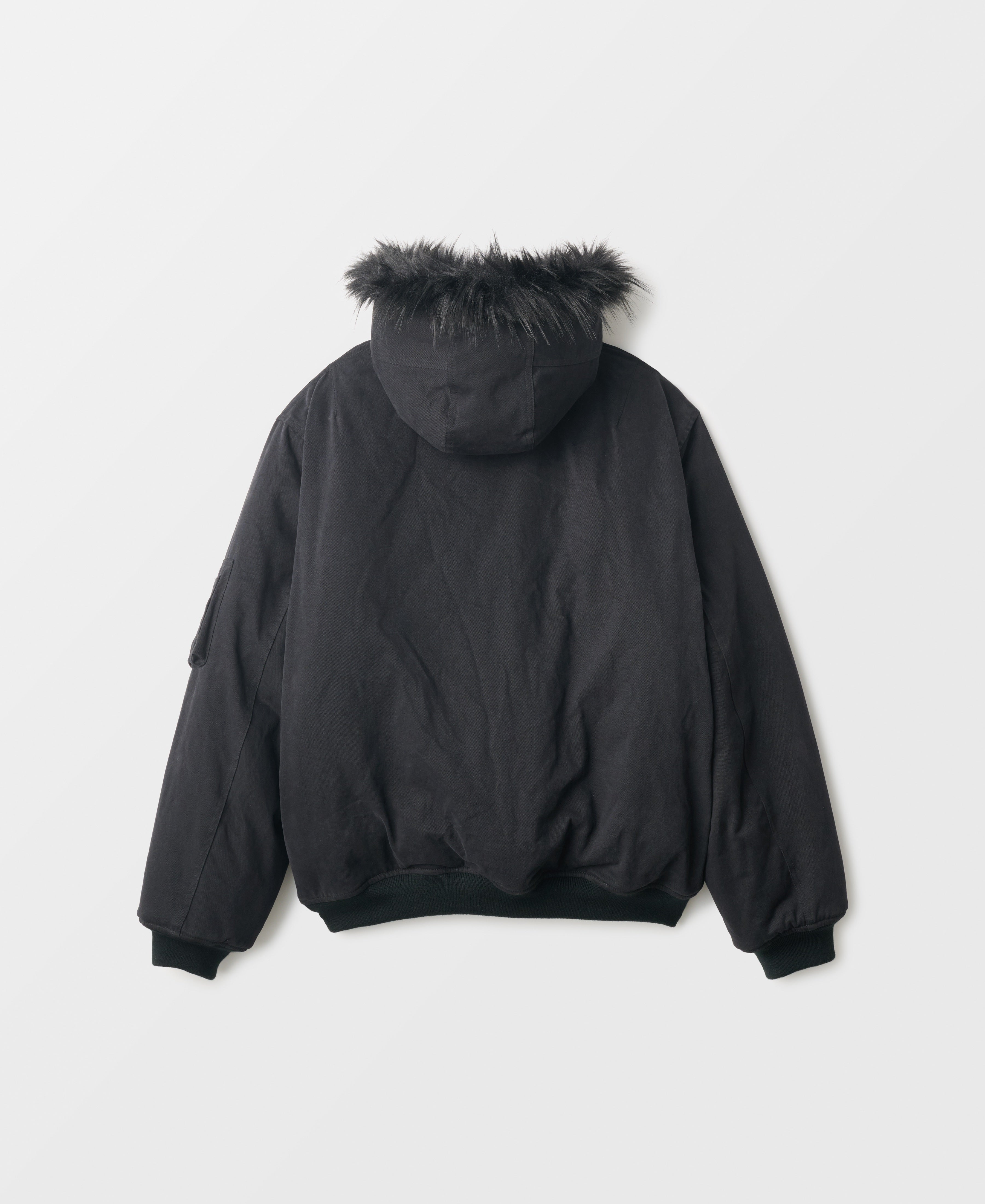 DETACHEBLE FUR TRIMED HOODED COTTON BOMBER JACKET - BLACK