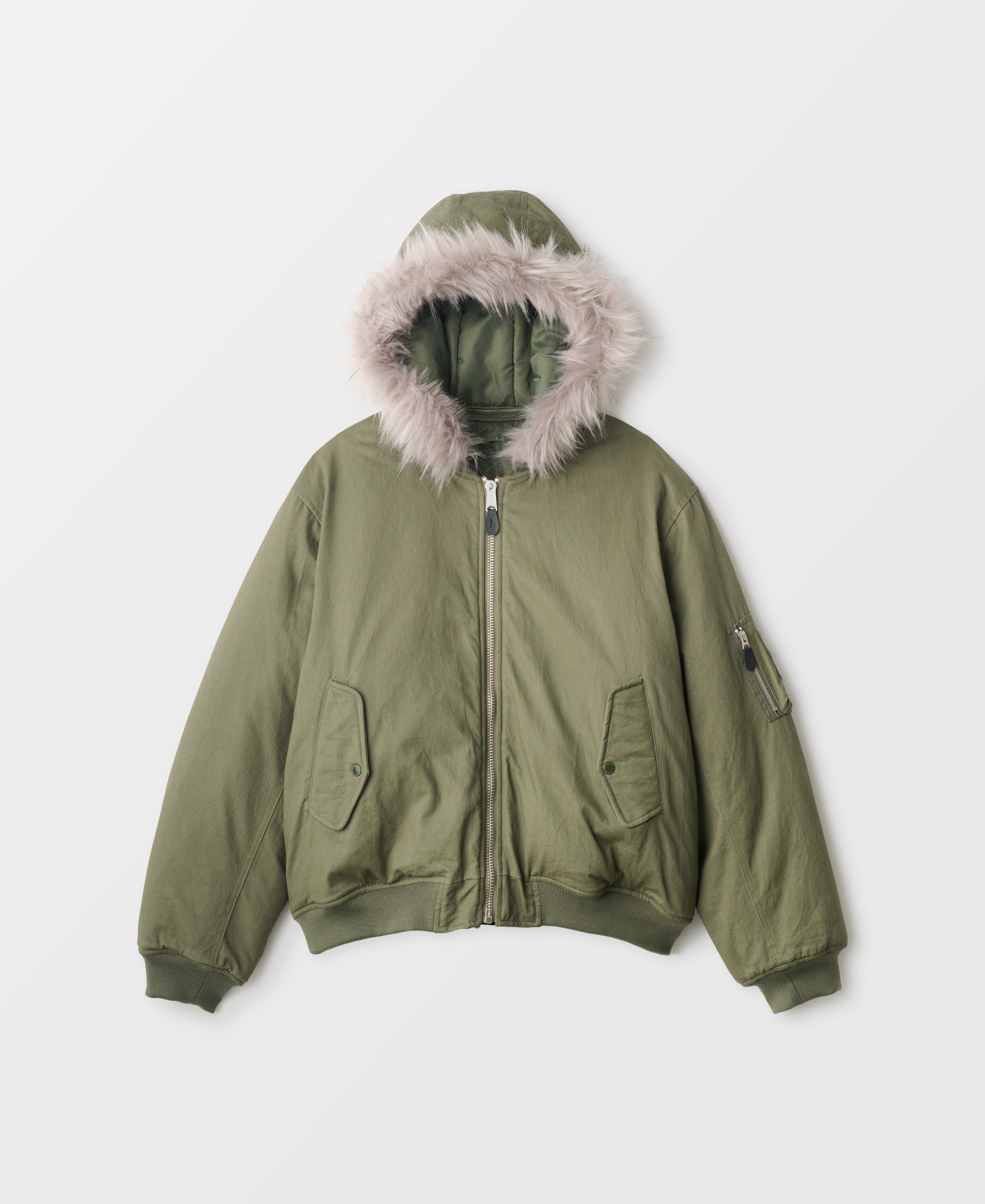 DETACHEBLE FUR TRIMED HOODED COTTON BOMBER JACKET -OD