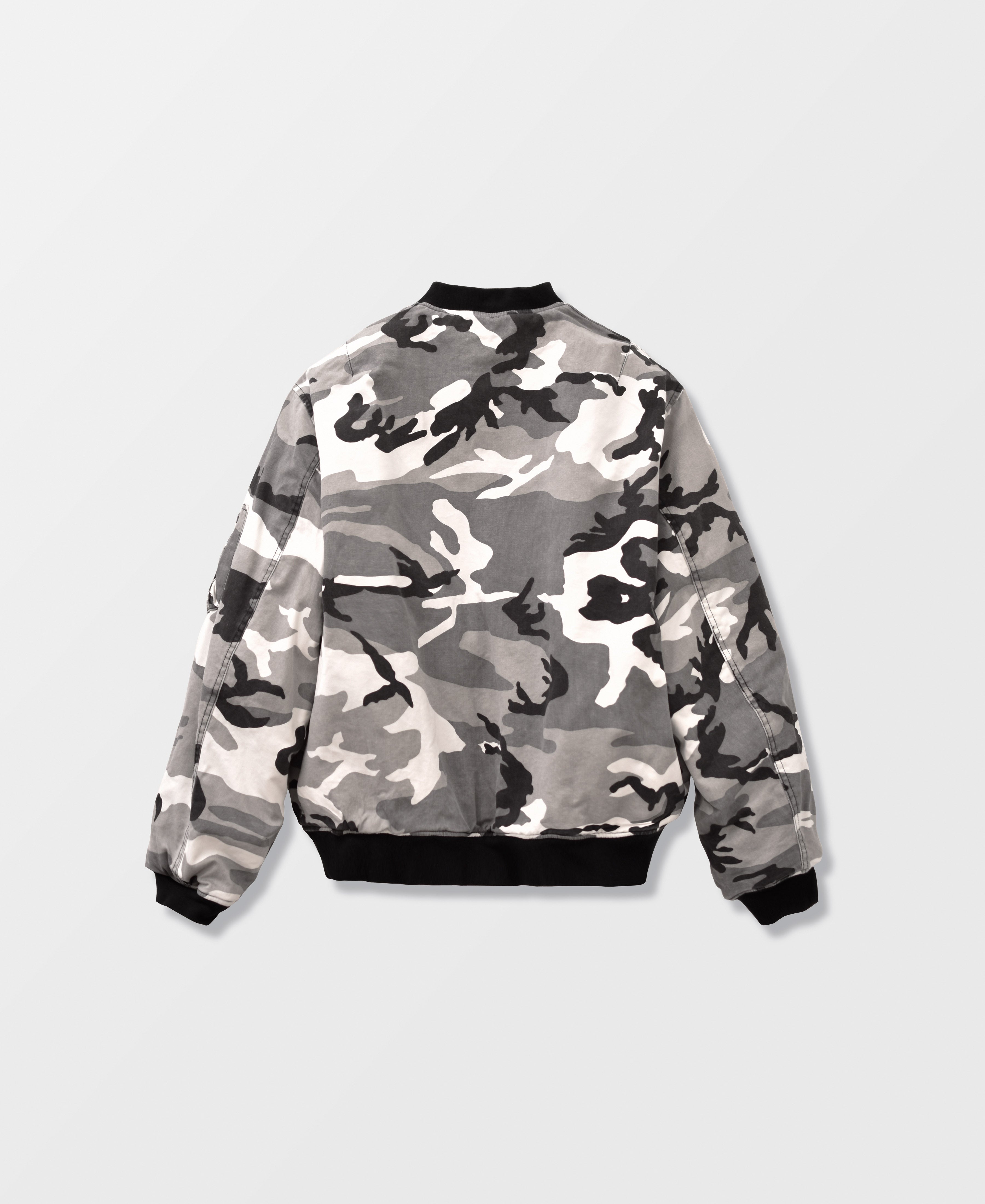 SUN FADED WASH CAMOUFLAGE DOUBLE FACE COTTON BOMBER JACKET - UC