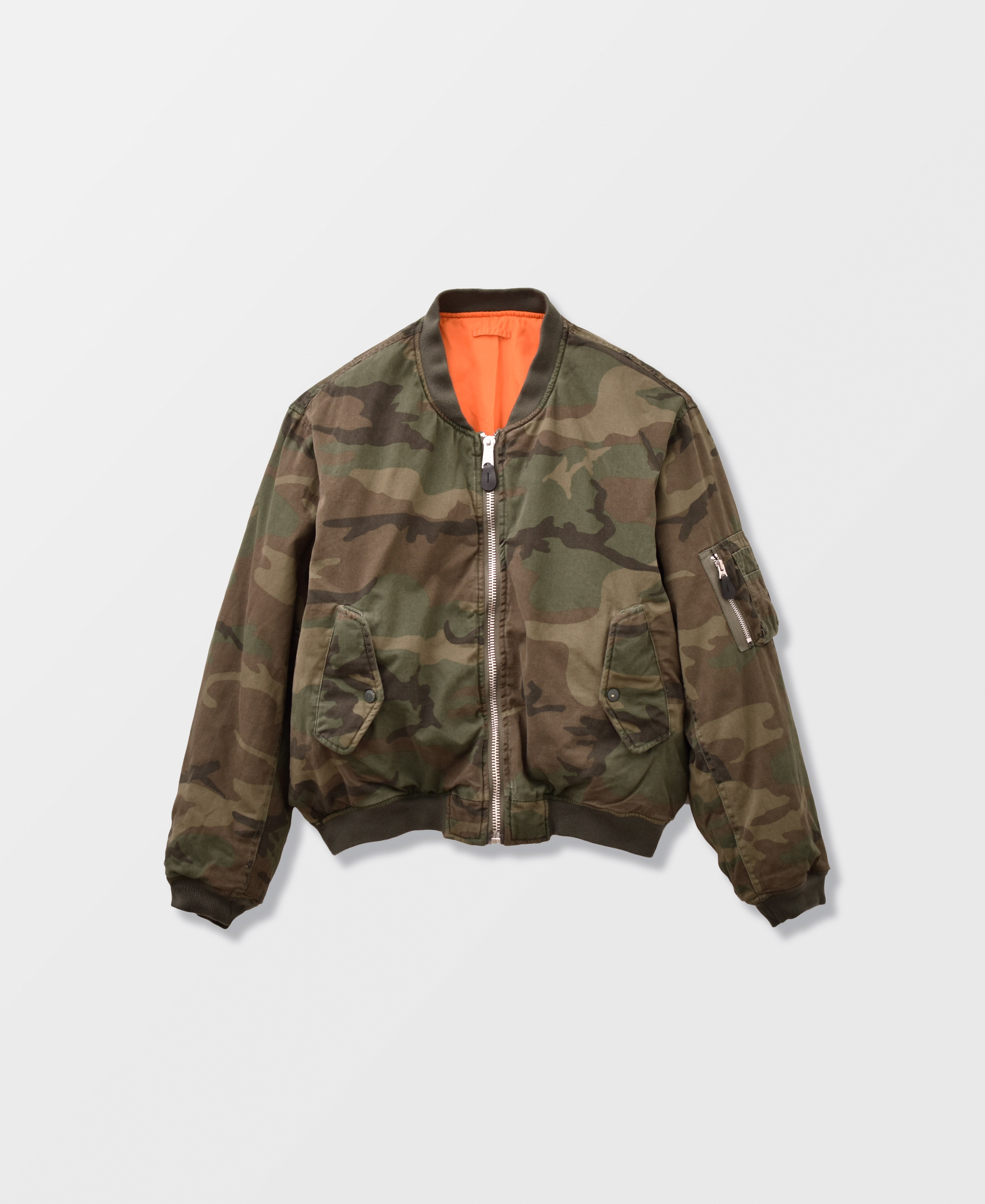 SUN FADED WASH CAMOUFLAGE DOUBLE FACE COTTON BOMBER JACKET - WC