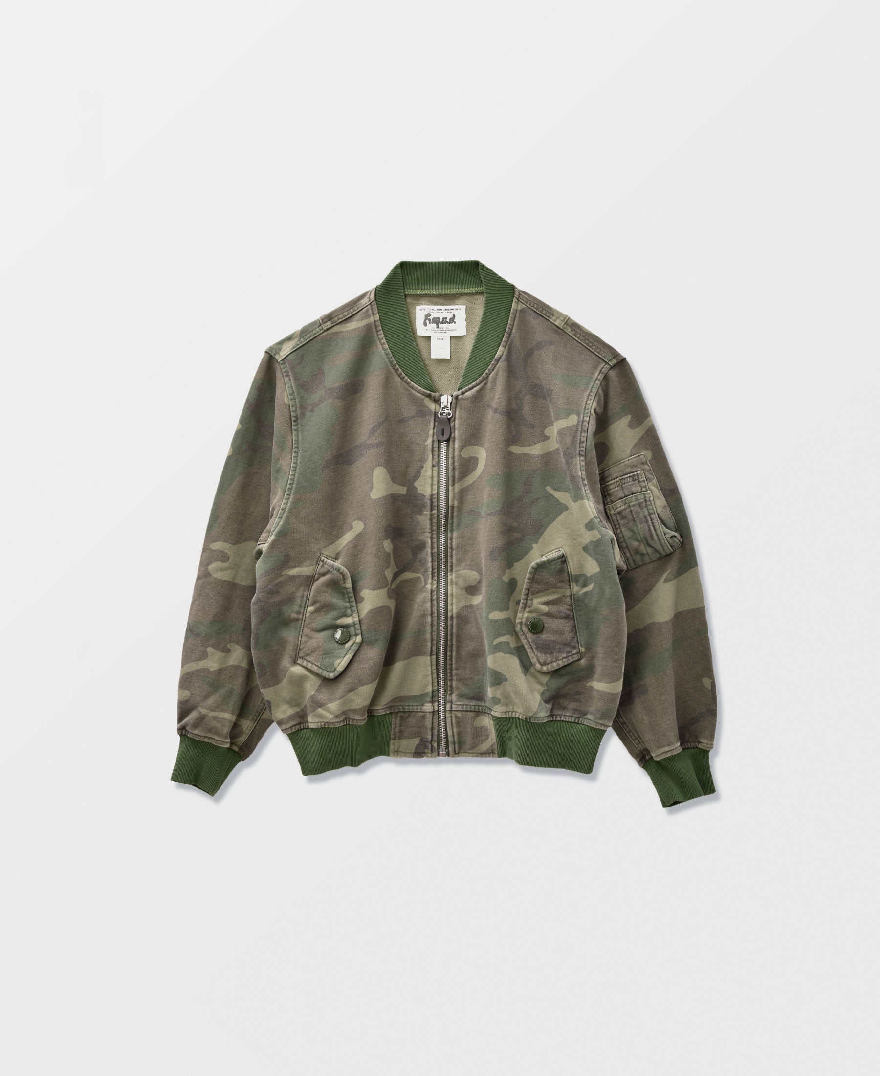SUN FADED WASH SWEAT BOMBER JACKET - WOODLAND CAMO