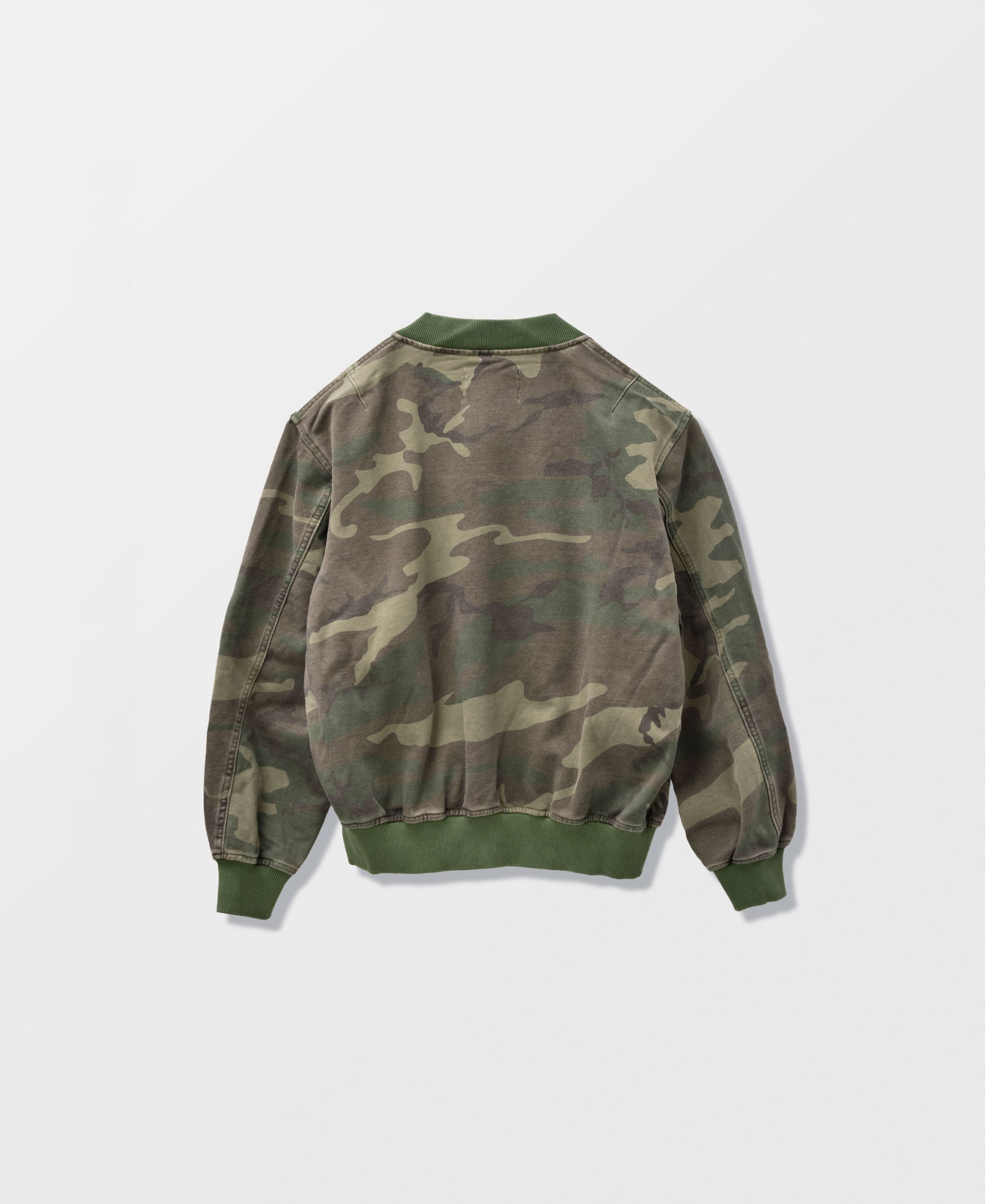 SUN FADED WASH SWEAT BOMBER JACKET - WOODLAND CAMO