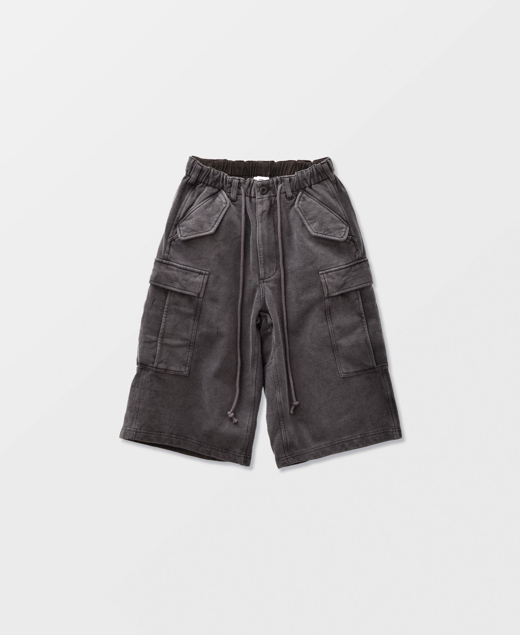 SUN FADED WASH SWEAT CARGO SHORT PANTS - BLACK